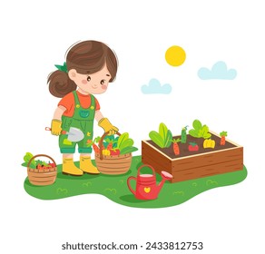 Cute little girl farmer standing and harvesting