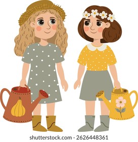 Cute little girl farmers in flat cartoon style. Smiling children in overalls and hats holding farm tools, isolated on white background. Vector illustration for kids, books, and games.
