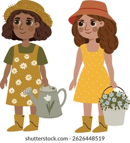 Cute little girl farmers in flat cartoon style. Smiling children in overalls and hats holding farm tools, isolated on white background. Vector illustration for kids, books, and games.