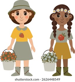 Cute little girl farmers in flat cartoon style. Smiling children in overalls and hats holding farm tools, isolated on white background. Vector illustration for kids, books, and games.