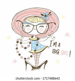 Cute little girl fashionista in a hat and mother's shoes. Vector.