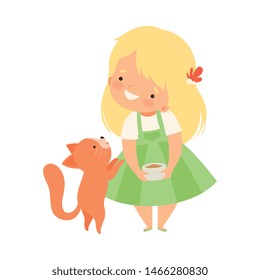 Cute Little Girl Feeding Her Kitten, Adorable Kid Caring for Animal Cartoon Vector Illustration