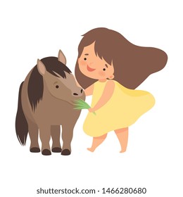 Cute Little Girl Feeding Pony with Grass, Adorable Kid Caring for Animal at Farm Cartoon Vector Illustration