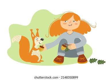 Cute little girl feeding squirrel with acorn. Happy female kid sitting on the grass  in park or forest. Funny child and her friend sweet woodland animal. Cartoon character, flat vector illustration