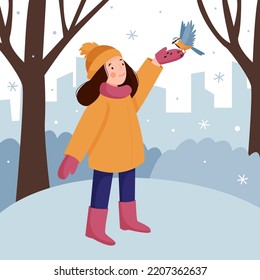 Cute little girl feeds the birds in the winter park. Winter landscape with snowy park, trees and city. Vector flat illustration.