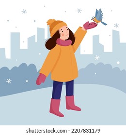 Cute little girl feeds the birds. Winter scene with snowy landscape. Vector flat illustration.