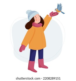 Cute little girl feeds the birds isolated on a white background. Vector flat illustration.