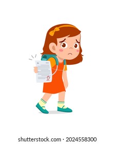 cute little girl feel sad because get bad grade from exam