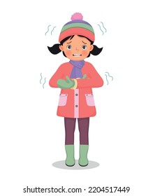 cute little girl feeling cold trembling wear warm winter clothes 