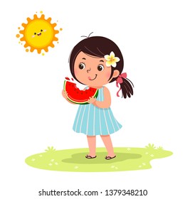 Cute little girl feeling happy with watermelon in hot sunny day.