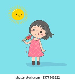 Cute little girl feeling happy with watermelon ice cream in hot sunny day.