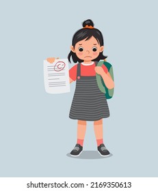 Cute Little Girl Feeling Sad Get Bad Mark Test Paper Result In Exam With Low Grade Score