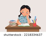 cute little girl feeling stress tired and bored studying doing homework on the desk