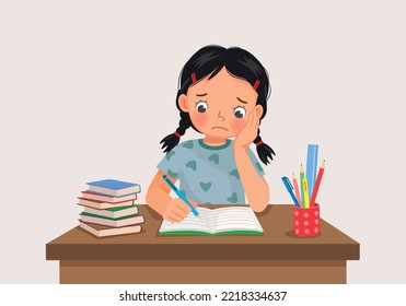 cute little girl feeling stress tired and bored studying doing homework on the desk