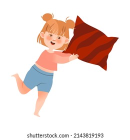 Cute little girl fighting with pillow cartoon vector illustration