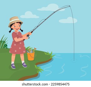 Cute little girl fishing at the river holding a fishing rod