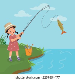 Cute little girl fishing at the river catching fishes