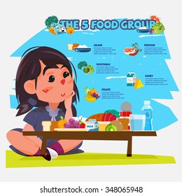 cute little girl with five food group. character design - vector illustration
