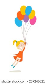 Cute little girl flies with colorful balloons, flat illustration, vector character, isolated on white background.