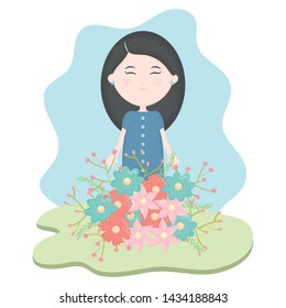 cute little girl with floral bouquet in the field
