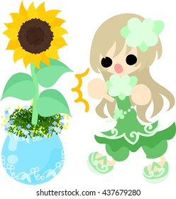 A cute little girl and a flowerpot of sunflower
