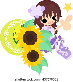 A cute little girl and a flowerpot of sunflower