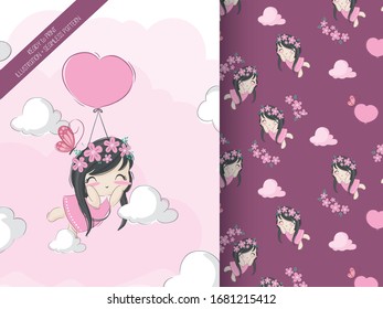 Cute little girl flying with air balloon seamless pattern