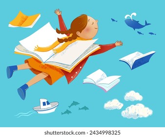 Cute little girl flying, books, fishes, ship and cloud elements isolated on light blue background