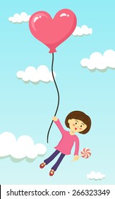 A cute little girl is flying with heart shape balloon in the sky.