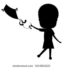 cute and little girl flying a kite silhouette