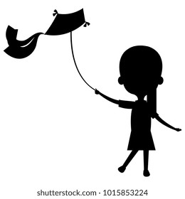 cute and little girl flying a kite silhouette
