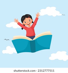 Cute little girl flying on a big open book raising hands in the blue sky