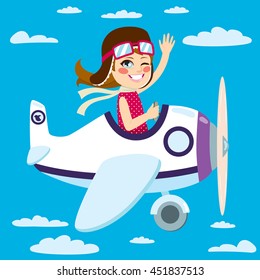 Cute little girl flying a plane on sky waving hand