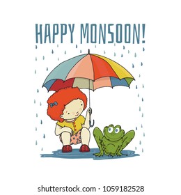Cute little girl with frog enjoying in rains, Monsoon Season concept. Hand drawn vector.