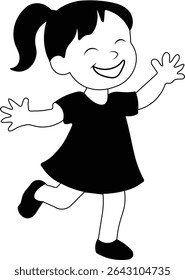 Cute little girl in a fun dress with her doll, a joyful cartoon illustration of a smiling child