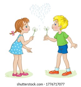 Cute little girl and funny boy blow on dandelions. Dandelion seeds look like a heart. In cartoon style. Isolated on white background. Vector illustration.