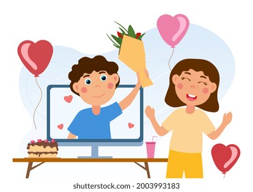 Cute little girl and funny boy are chatting on computer. Little boy in love is giving flowers to a girl. Concept of internet communication. Flat cartoon vector illustration