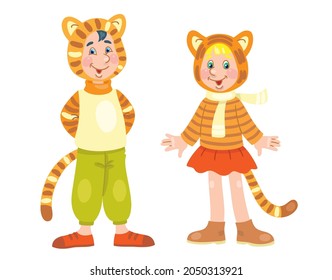 Cute little girl and funny boy in tiger costumes. For a school party. In cartoon style. Isolated on white background. Vector flat illustration.