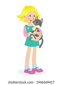 Cute little girl with a funny kitten in her hands. In cartoon style. Isolated on white background. Vector flat illustration.