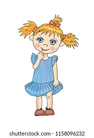Cute little girl with funny pigtails, dressed in blue, stands putting a finger in her mouth. Vector cartoon illustration, isolated.