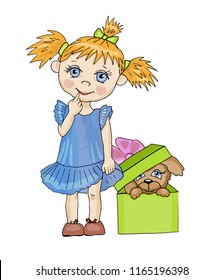 Cute little girl with funny pigtails, dressed in blue, stands putting a finger in her mouth. Puppy in a gift box. Happy birthday  vector cartoon illustration, isolated.