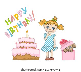 Cute little girl with funny pigtails stands putting a finger in her mouth. Puppy in a gift box and cake with a candle. Happy birthday colorful text. Vector cartoon illustration, isolated on white.