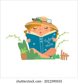 Cute little girl in the garden, she reading book of plants. Cartoon kid in hat sitting on the grass with book. Children outdoor activity. Hand drawn vector illustration isolated on white. Flat design