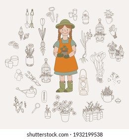 Cute little girl gardener and her tools - rake, shovel, watering can, gloves, pots, kerosene lamp, plants - large set of isolated wind elements, drawn icons on the theme of gardening.