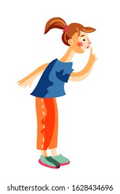 Cute little girl gesturing silence sign standing isolated on white. Funny child cartoon preschooler character having fun, hiding from invisible playmates. Hide-and-sick game. Vector flat illustration