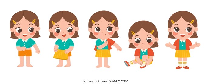 Cute little girl getting dressed step by step with happy smile in morning routine. Child learning to dress herself step by step, promoting independence and self-care skills.