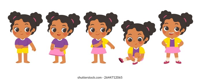 Cute little girl getting dressed step by step with happy smile in morning routine. Child learning to dress herself step by step, promoting independence and self-care skills.