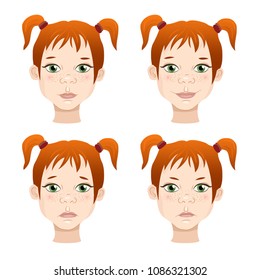 Cute little girl with ginger hair. Calm, happy, sad, angry facial expressions