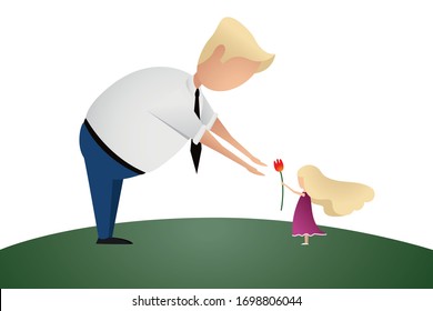 Cute little girl giving flower to daddy, Happy Father's day concept. Dad with his daughter, celebrating fathers day. Adorable moment. Modern vector in flat minimalistic style. Greeting card