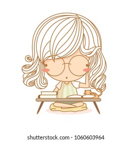 Cute little girl Girl with Glasses reading books. Vector illustration, character design